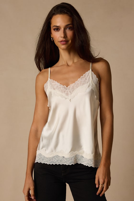 Ivory Satin Cami - Lace Trim Cami Top - Satin Cami - Ivory Top - Lulus