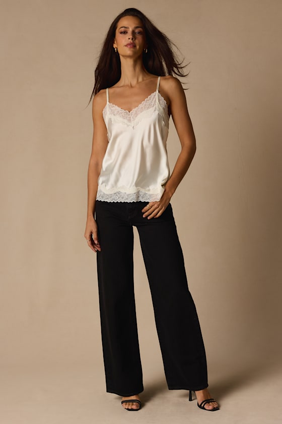 Ivory Satin Cami - Lace Trim Cami Top - Satin Cami - Ivory Top - Lulus