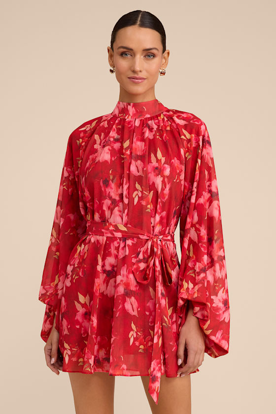 Red Floral Mini Dress - Floral Shift Dress - Long Sleeve Dress - Lulus