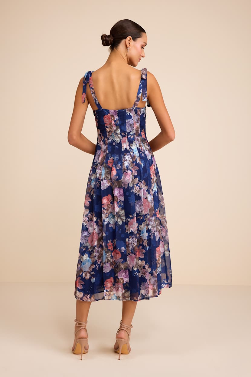 Navy Multi Floral Dress - Tie-Strap Floral Dress - Midi Dress