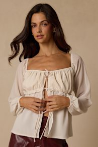 Lemmie Ivory Chiffon Tie-Front Long Sleeve Top 1