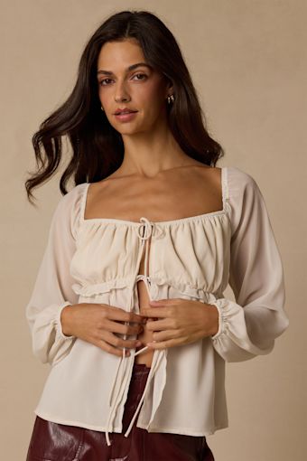 Lemmie Ivory Chiffon Tie-Front Long Sleeve Top 1