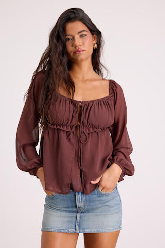 Lemmie Brown Chiffon Tie-Front Long Sleeve Top 1