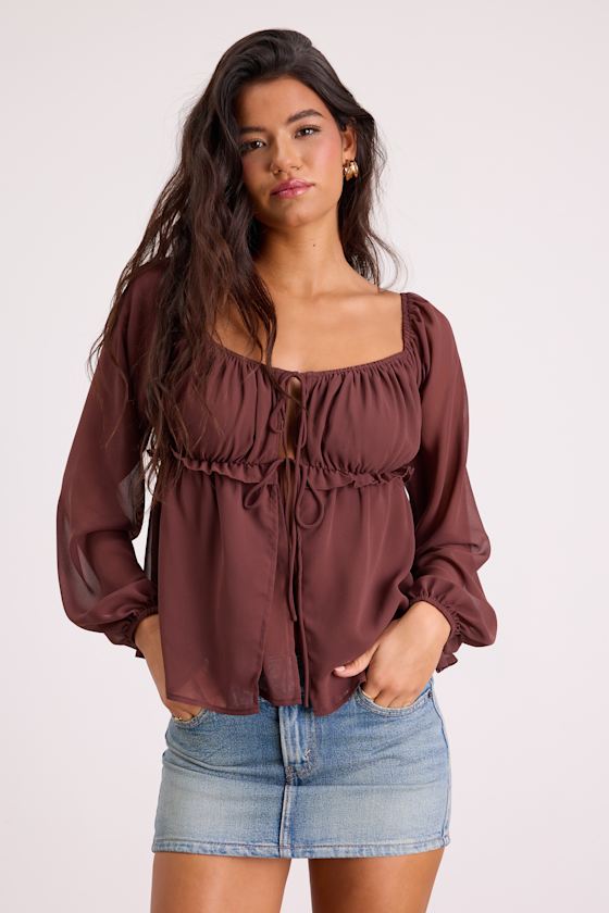 Lemmie Brown Chiffon Tie-Front Long Sleeve Top 1