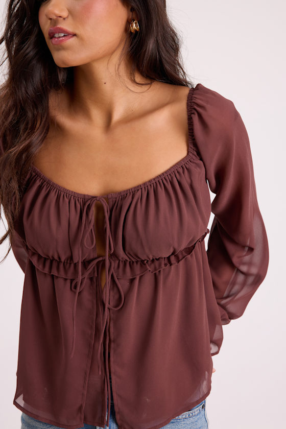 Lemmie Brown Chiffon Tie-Front Long Sleeve Top 2