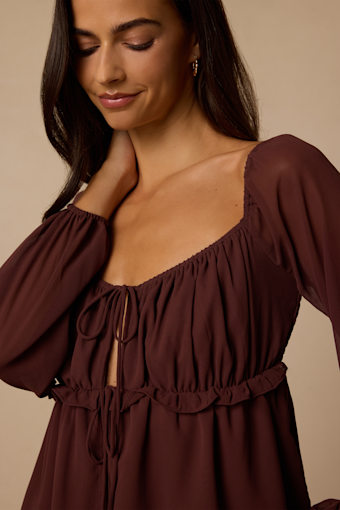 Lemmie Brown Chiffon Tie-Front Long Sleeve Top 1