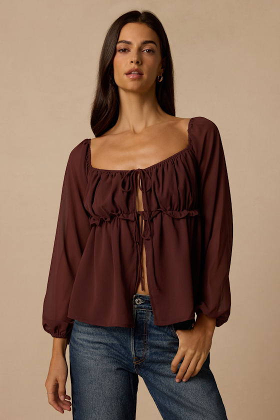 Lemmie Brown Chiffon Tie-Front Long Sleeve Top 2