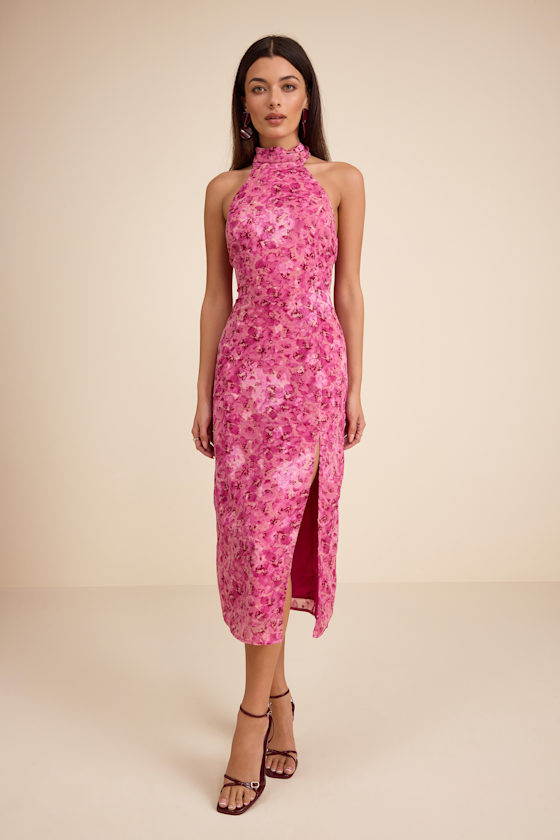 Fuchsia Floral Midi Dress - Column Midi Dress - Halter Midi Dress