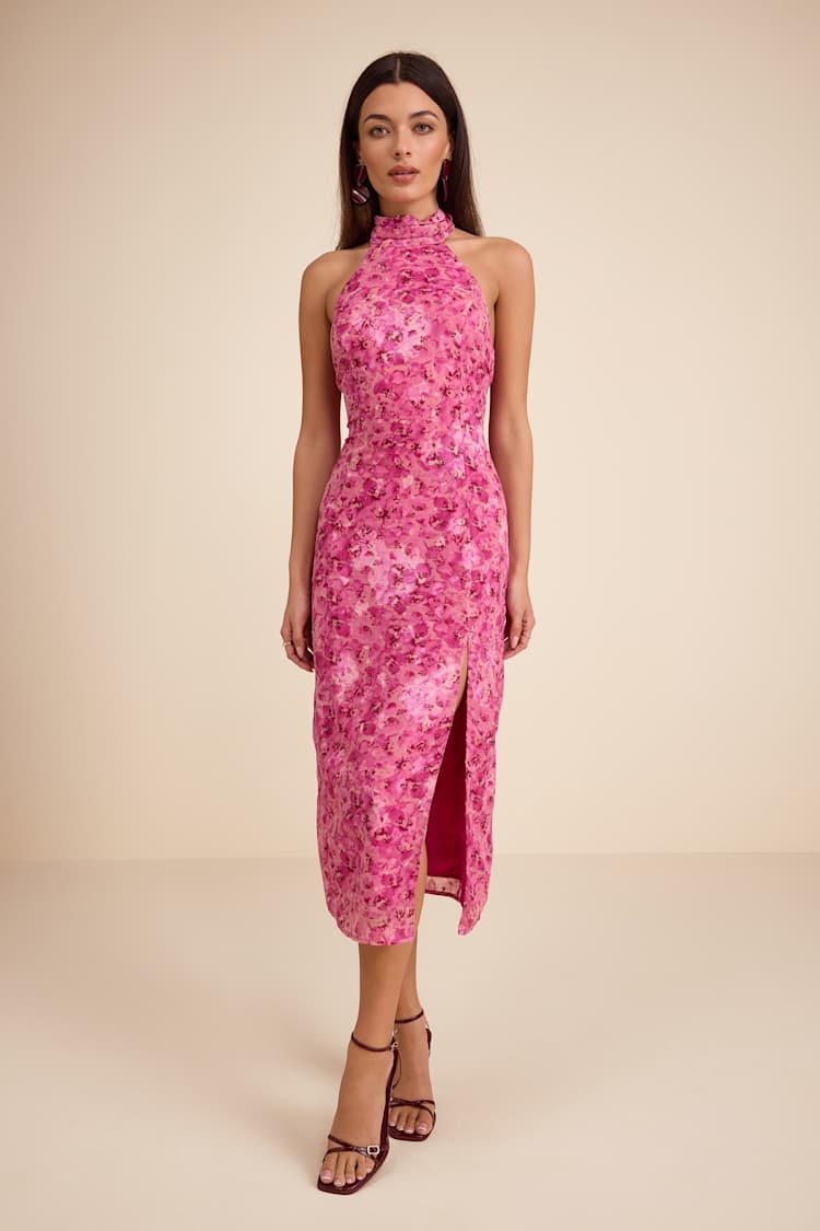 Lulus | Fuchsia Floral Jacquard Halter Midi Dress | Womens | Medium (Available in XS, S, L, XL) | 100% Polyester