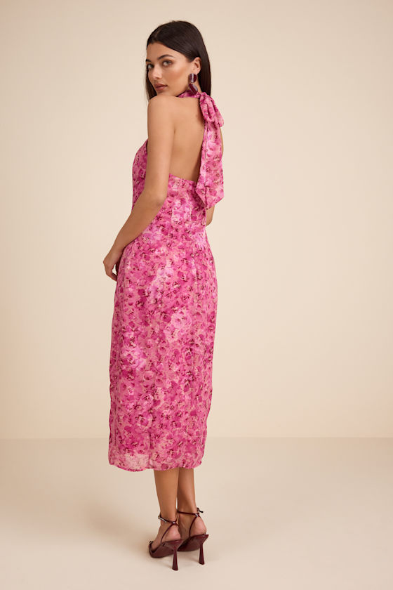 Fuchsia Floral Midi Dress - Column Midi Dress - Halter Midi Dress