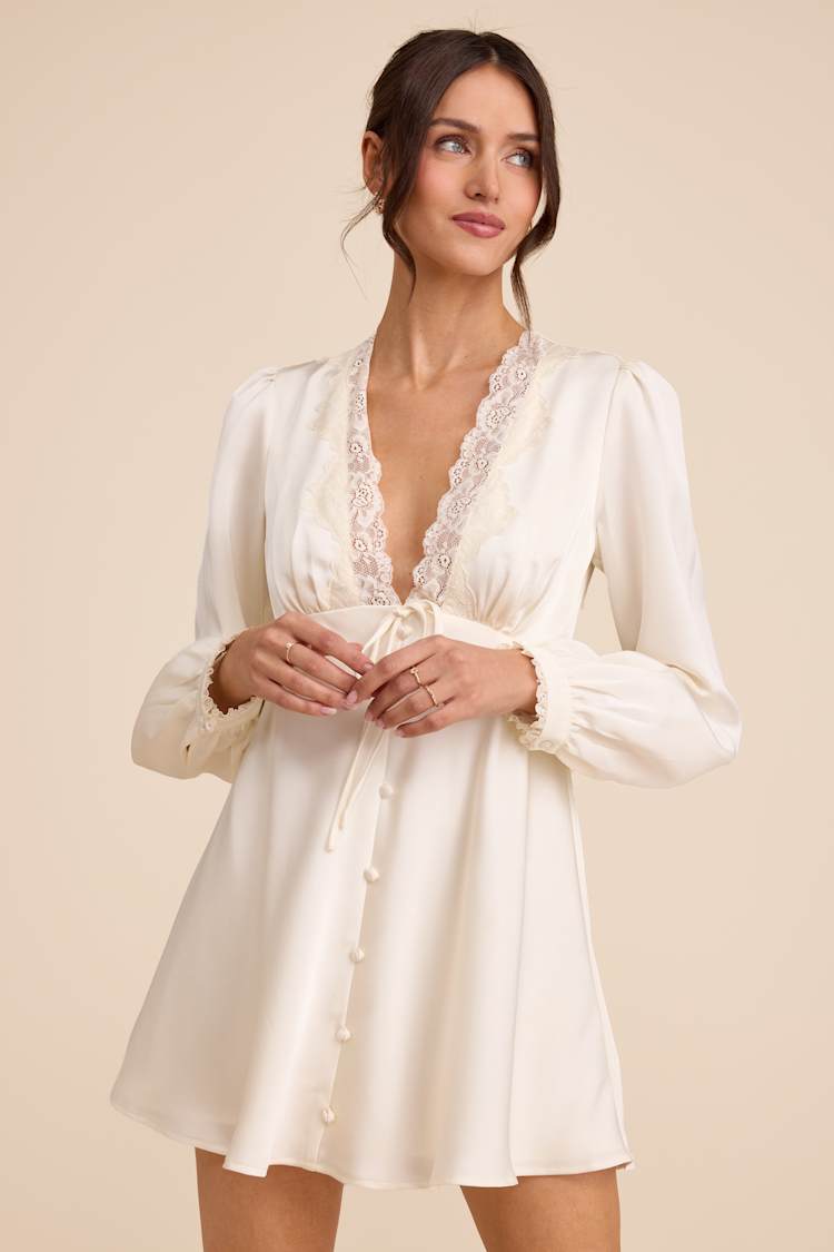 white long sleeve babydoll dress Lulus | White Dovelynn Cream Long Sleeve Baby Doll Mini Dress | Womens | X-Small
