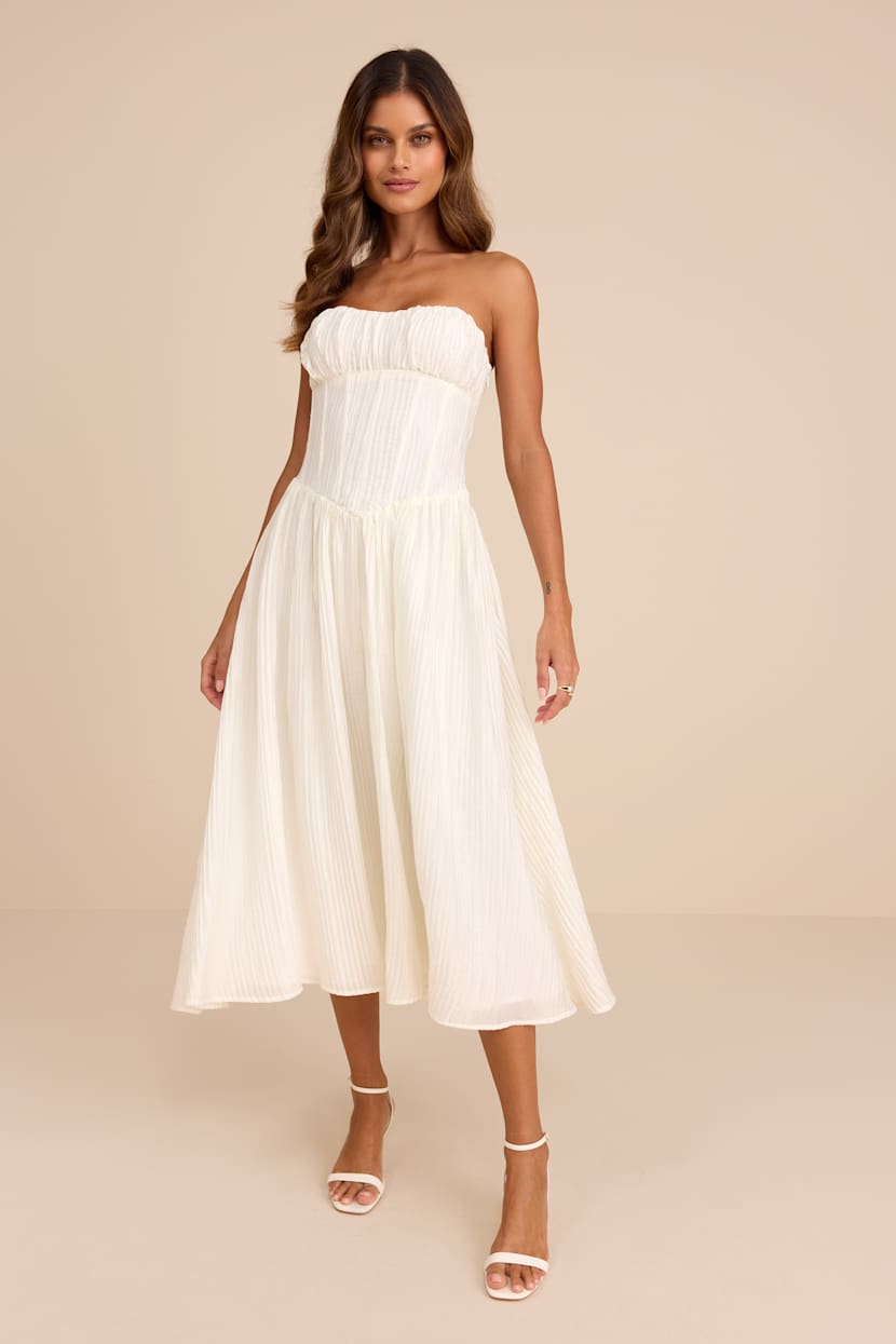 White Plisse Midi Dress - Strapless Midi Dress - Lace-Up Dress - Lulus White Plisse Midi Dress - Strapless Midi Dress - Lace-Up Dress - Lulus