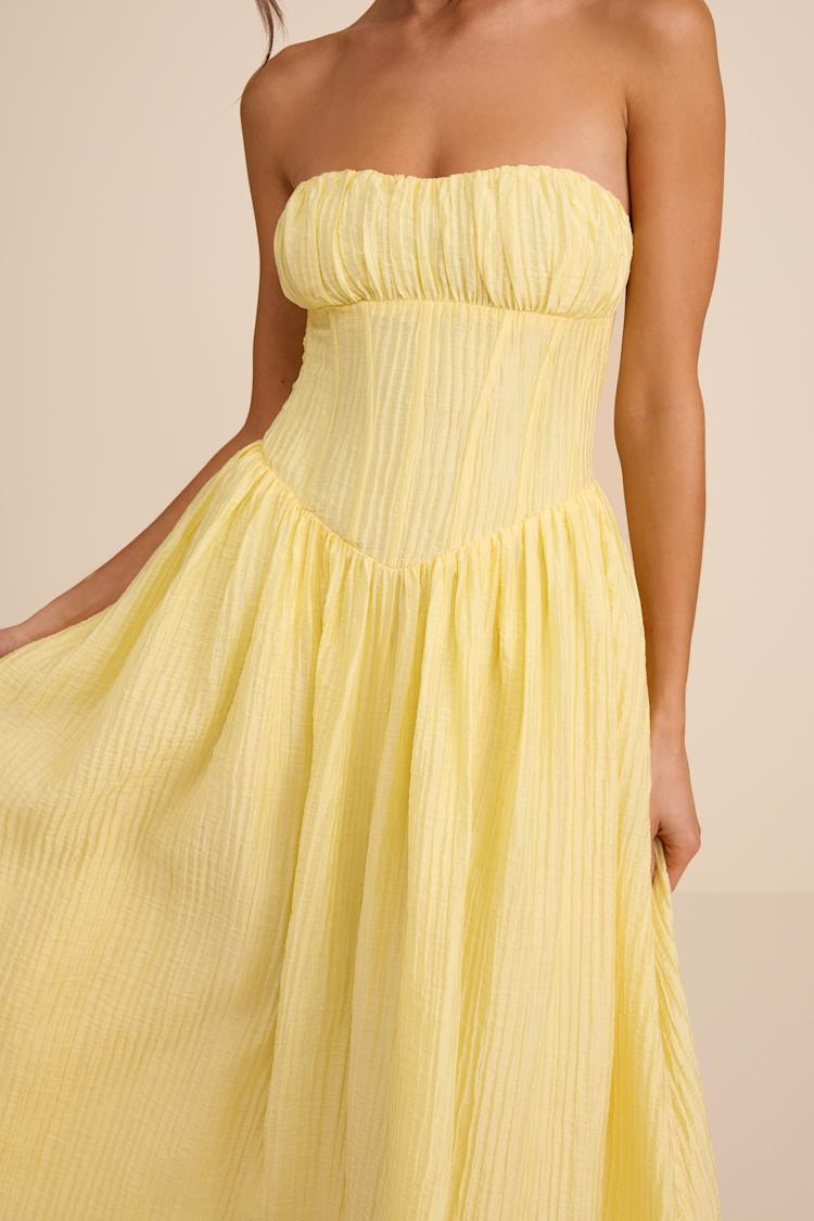 Yellow Plisse Midi Dress - Strapless Midi Dress - Lace-Up Dress - Lulus