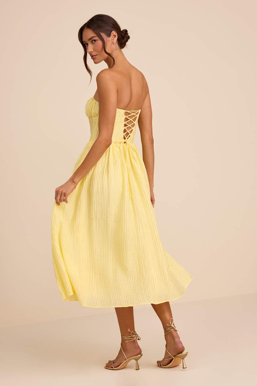 Yellow Plisse Midi Dress - Strapless Midi Dress - Lace-Up Dress - Lulus Yellow Plisse Midi Dress - Strapless Midi Dress - Lace-Up Dress - Lulus