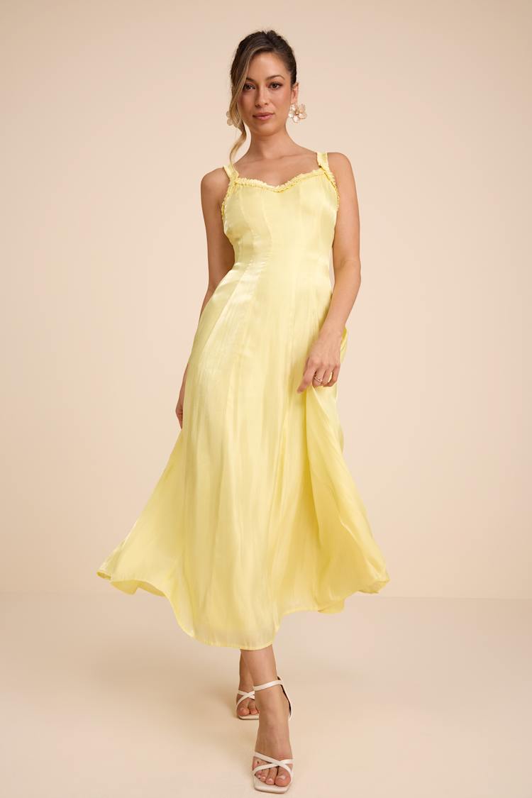 Lulus | Light Yellow Sleeveless Ruffled Midi Dress | Womens | X-Small (Available in S, M, L, XL) | 100% Polyester Lulus | Light Yellow Sleeveless Ruffled Midi Dress | Womens | X-Small (Available in S, M, L, XL) | 100% Polyester