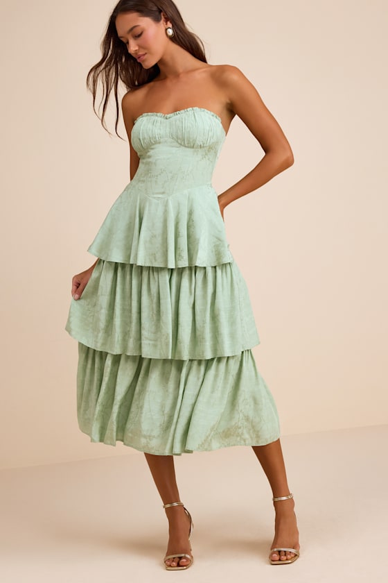 Image of Beverly Sage Green Jacquard Tiered Midi Dress