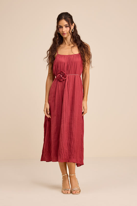Alitra Dark Rose Pleated Rose Belt Sleeveless Midi Dress 1