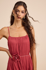 Alitra Dark Rose Pleated Rose Belt Sleeveless Midi Dress 2