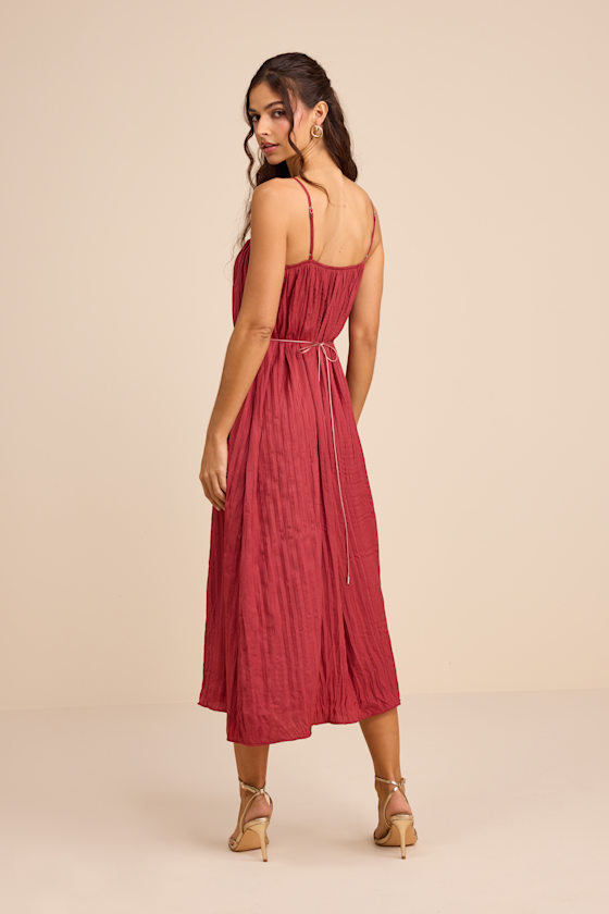 Alitra Dark Rose Pleated Rose Belt Sleeveless Midi Dress 3