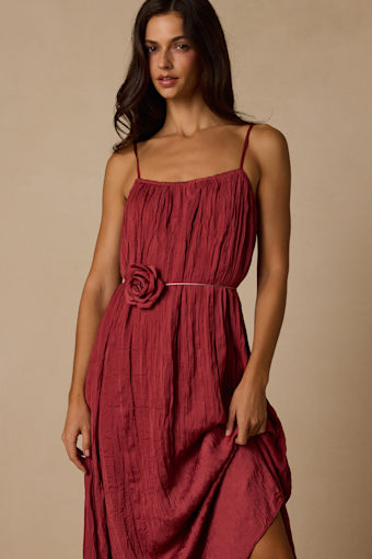 Alitra Dark Rose Pleated Rose Belt Sleeveless Midi Dress 1