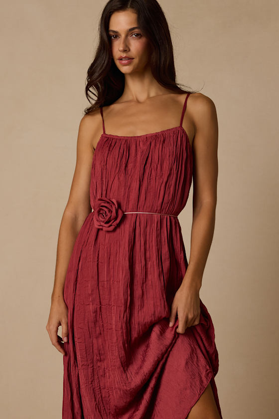 Alitra Dark Rose Pleated Rose Belt Sleeveless Midi Dress 1