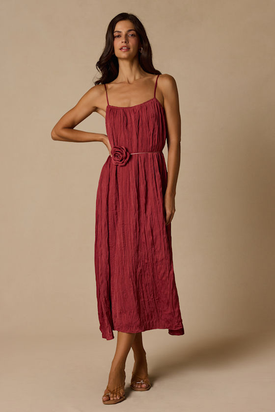 Alitra Dark Rose Pleated Rose Belt Sleeveless Midi Dress 2