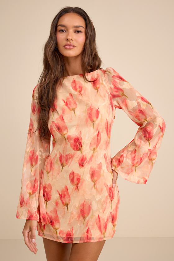 Image of Jaleen Peach Floral Jacquard Bell Sleeve Mini Dress