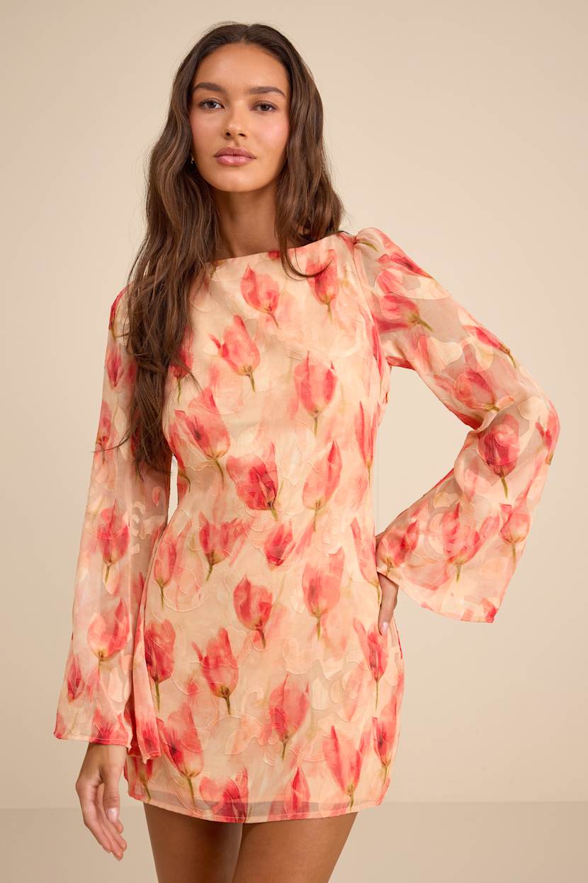 pink floral bell sleeve dress Sail To Sable Tunic Flare Mini Dress - Pink