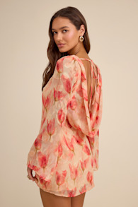 Jaleen Peach Floral Jacquard Bell Sleeve Mini Dress 7