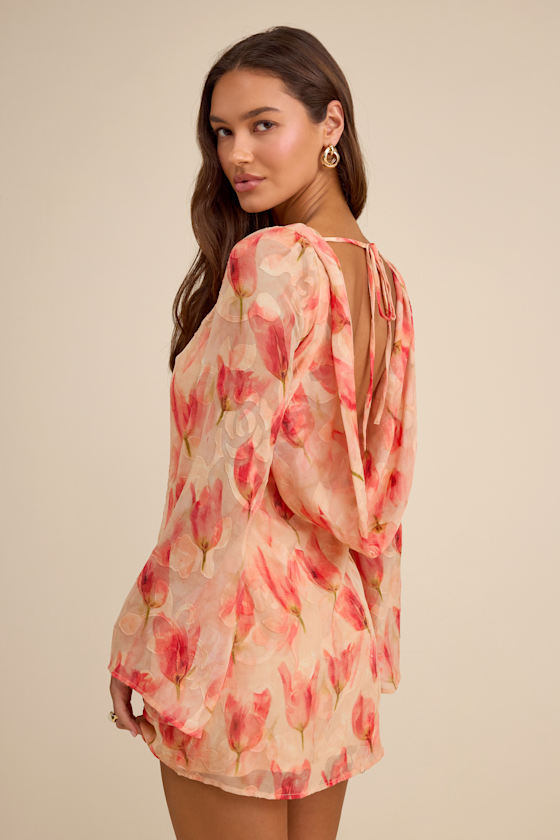 Jaleen Peach Floral Jacquard Bell Sleeve Mini Dress 7