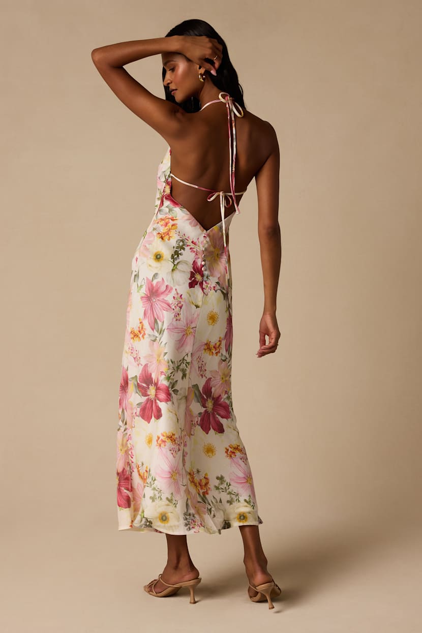 new look off white floral tiered halter maxi dress Boho Floral Halter Tiered Ruffle Maxi with Lace Inserts