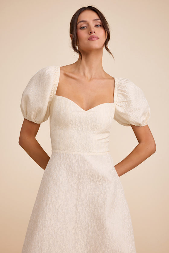 Ivory Textured Midi Dress - Puff Sleeve Midi Dress - Skater Dress
