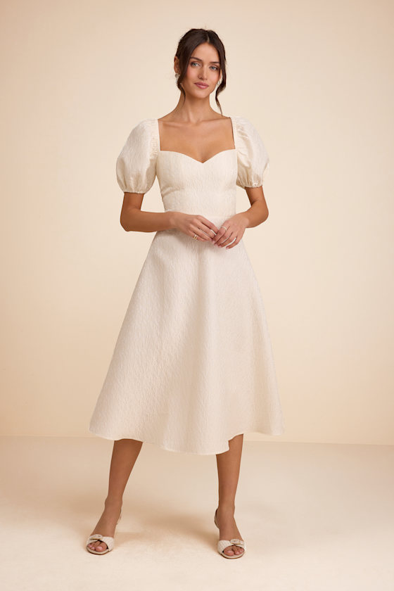 Melly Ivory Textured Jacquard Puff Sleeve Midi Dress - thumbnail 2