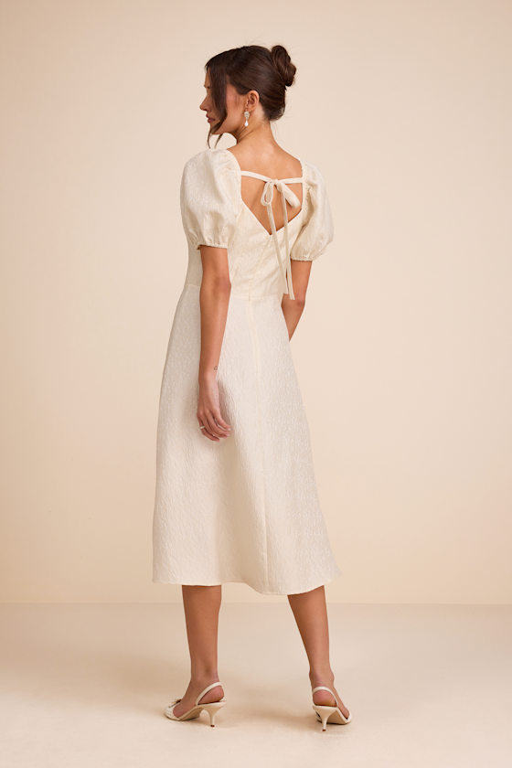 Melly Ivory Textured Jacquard Puff Sleeve Midi Dress - thumbnail 4