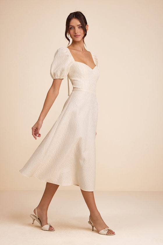 Melly Ivory Textured Jacquard Puff Sleeve Midi Dress - thumbnail 5