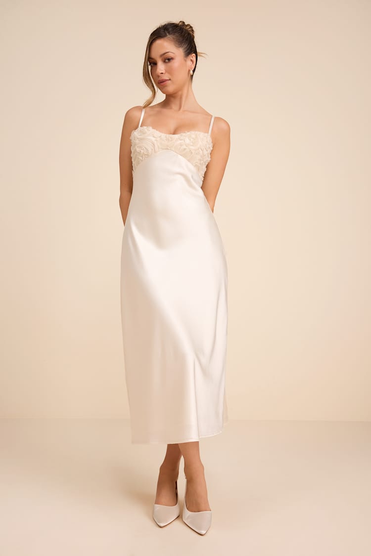 knee length dresses for ladies Leila V-Neck Low Back Satin Midi Dress Ivory– Selfie Leslie