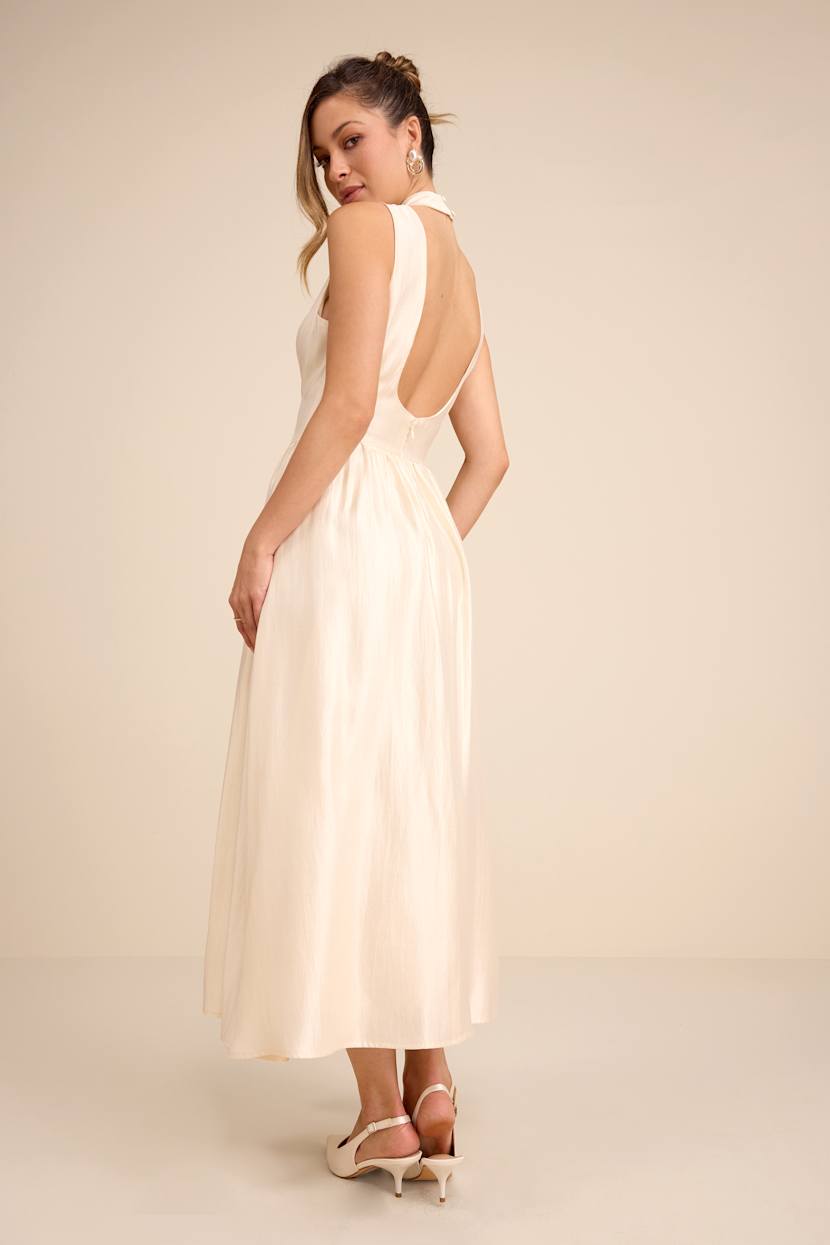 Rivia Ivory Mock Neck Cutout Midi Dress