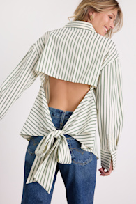 Logan Ivory Striped Cutout Button-Up Long Sleeve Top 1