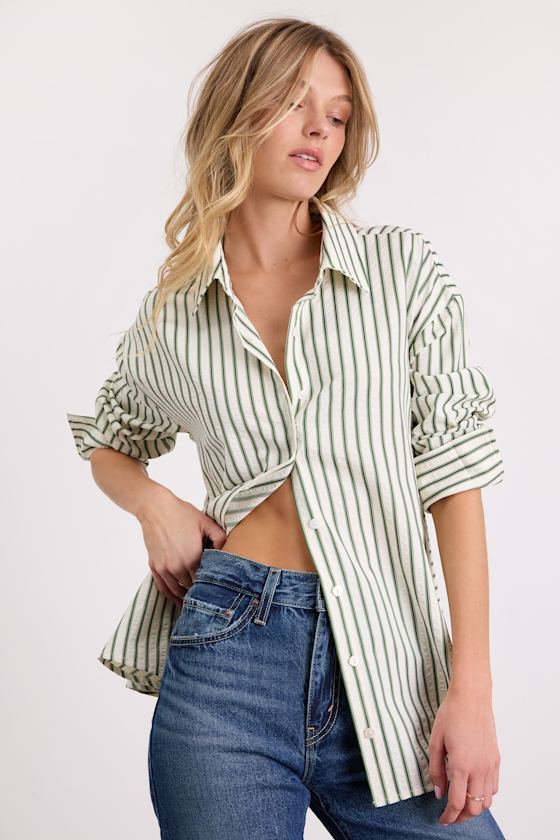 Logan Ivory Striped Cutout Button-Up Long Sleeve Top 2