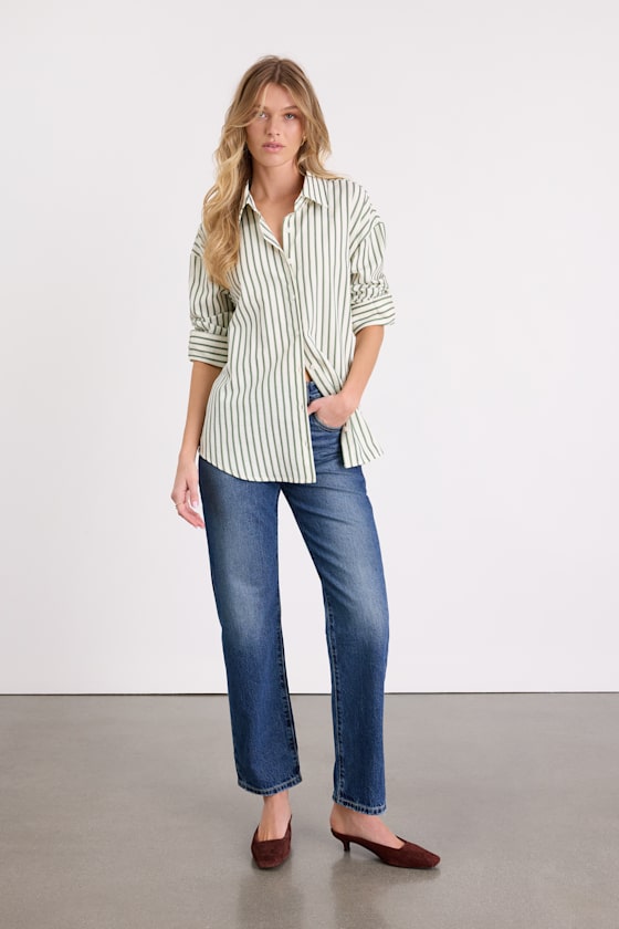 Ivory & Green Striped Top - Button-Up Cutout Top - Tie-Back Top - Image 3