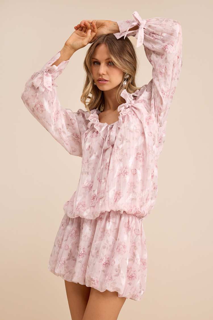 Lulus | Blush Pink Floral Ruffled Drop Waist Mini Dress | Womens | Medium (Available in S, L, XL) | 100% Polyester