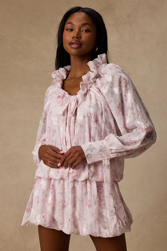 Blush Pink Floral Dress - Drop Waist Mini Dress - Bubble-Hem Mini