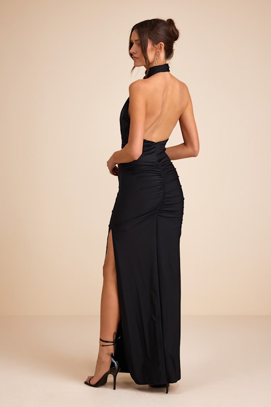 Mystras Black Slinky Knit Backless Halter Maxi Dress - thumbnail 3