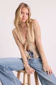Netta Beige Floral Lace Tie-Front Long Sleeve Top 1