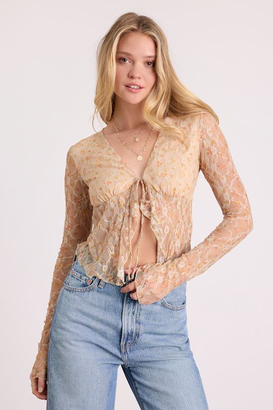 Netta Beige Floral Lace Tie-Front Long Sleeve Top 2