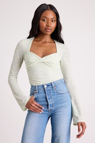 Emada Light Mint Textured Twist-Front Long Sleeve Top 1