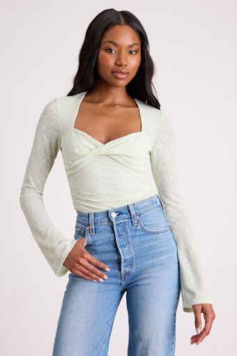 Emada Light Mint Textured Twist-Front Long Sleeve Top 1