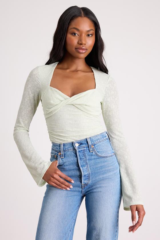 Emada Light Mint Textured Twist-Front Long Sleeve Top 1