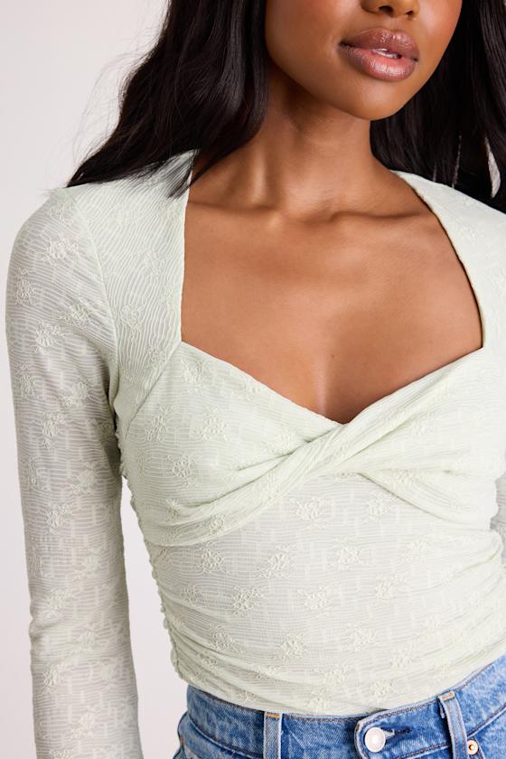 Emada Light Mint Textured Twist-Front Long Sleeve Top 2