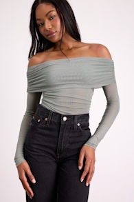 Good Times Sage Mesh Off-the-Shoulder Long Sleeve Top 1